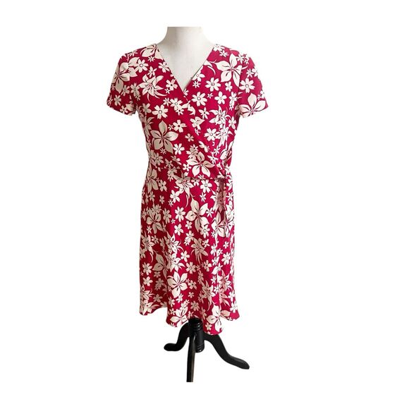 Chadwick’s Vintage Hawaiian Print Wrap Dress Size 8 Petite Red Ivory 100% Silk - Picture 1 of 11